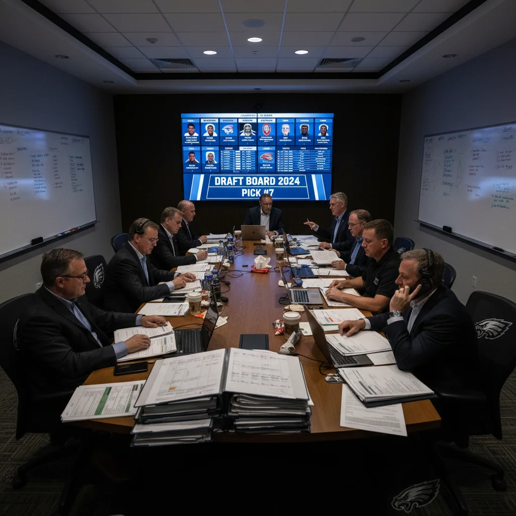 NFL team war room strategizing on draft picks