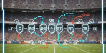 Detailed diagram of an offensive line formation with blocking assignments