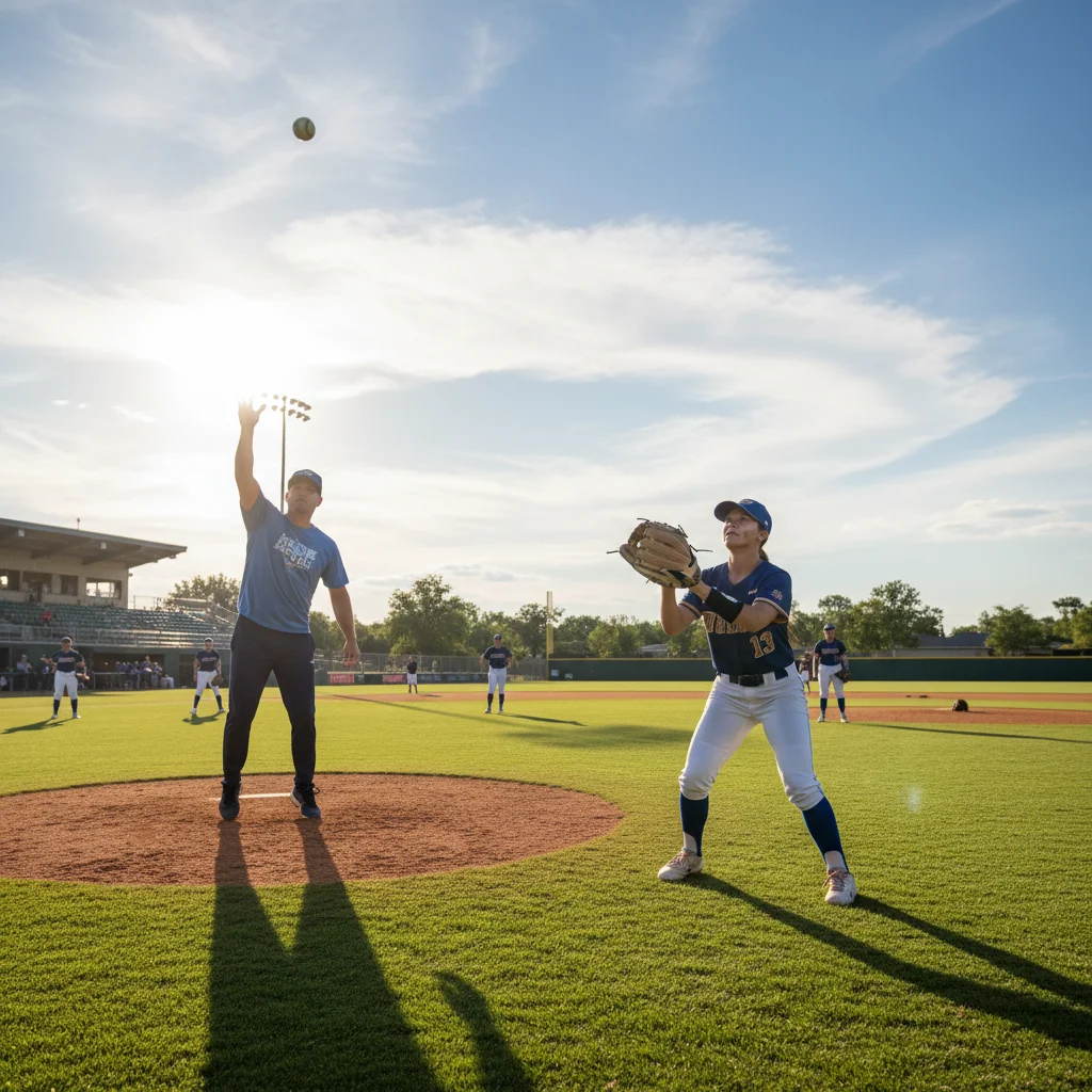 Baseball coach hitting fly balls to an outfielder during practice.