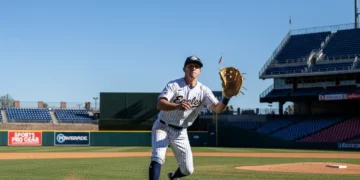 Outfielder making a diving catch during a baseball game, demonstrating extended range.