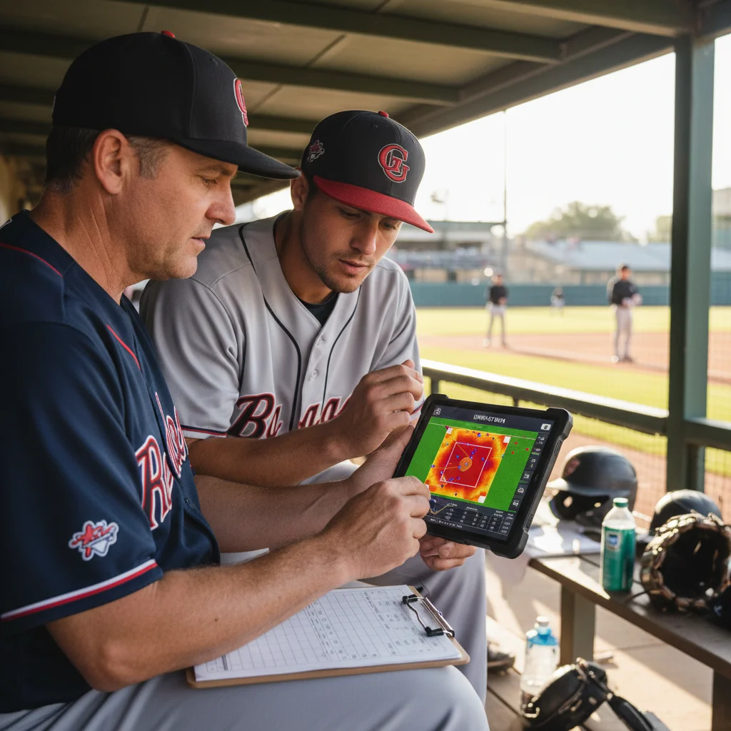 Coach and pitcher analyzing umpire pitch data on tablet