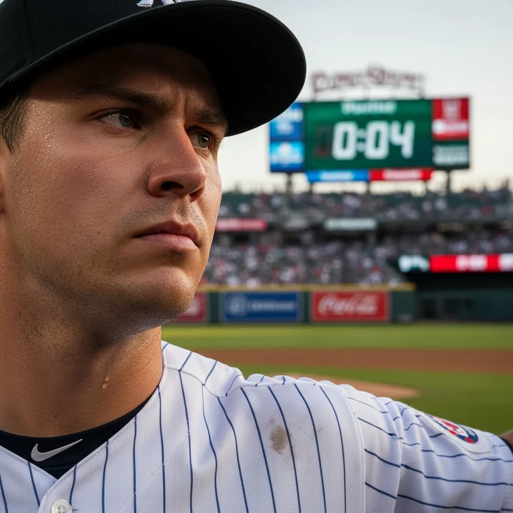 Baseball pitcher intensely focused on the pitch clock during a game
