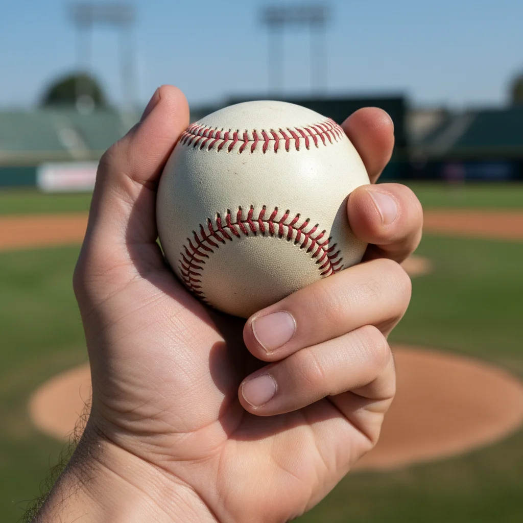 Pitcher's hand gripping baseball for optimal control