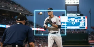 Baseball pitcher on mound analyzing umpire strike zone during game