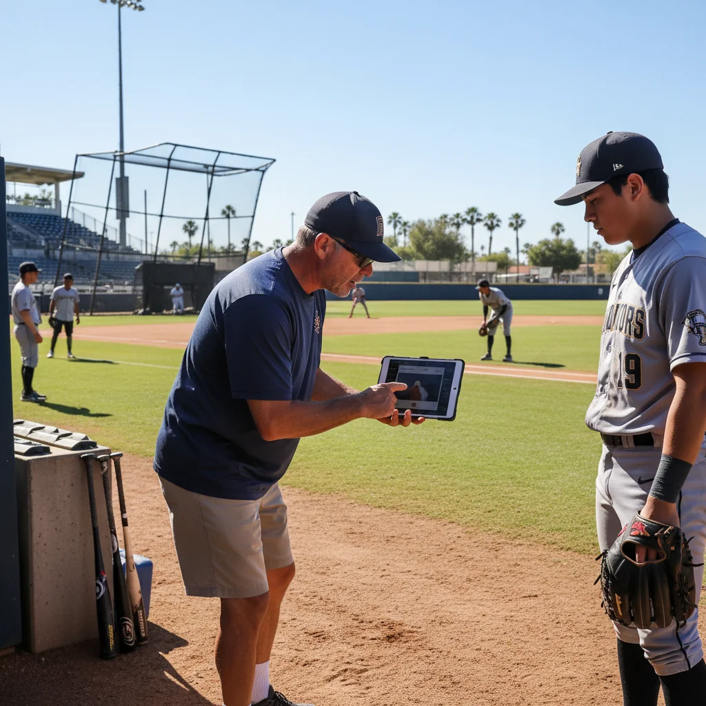 MLB pitching coach providing instruction to a pitcher on new techniques