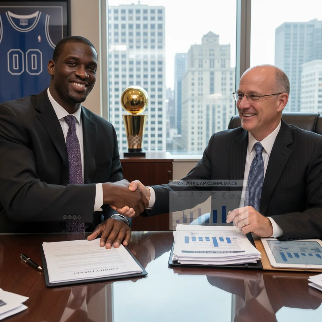 Player and team executive shaking hands over contract negotiation