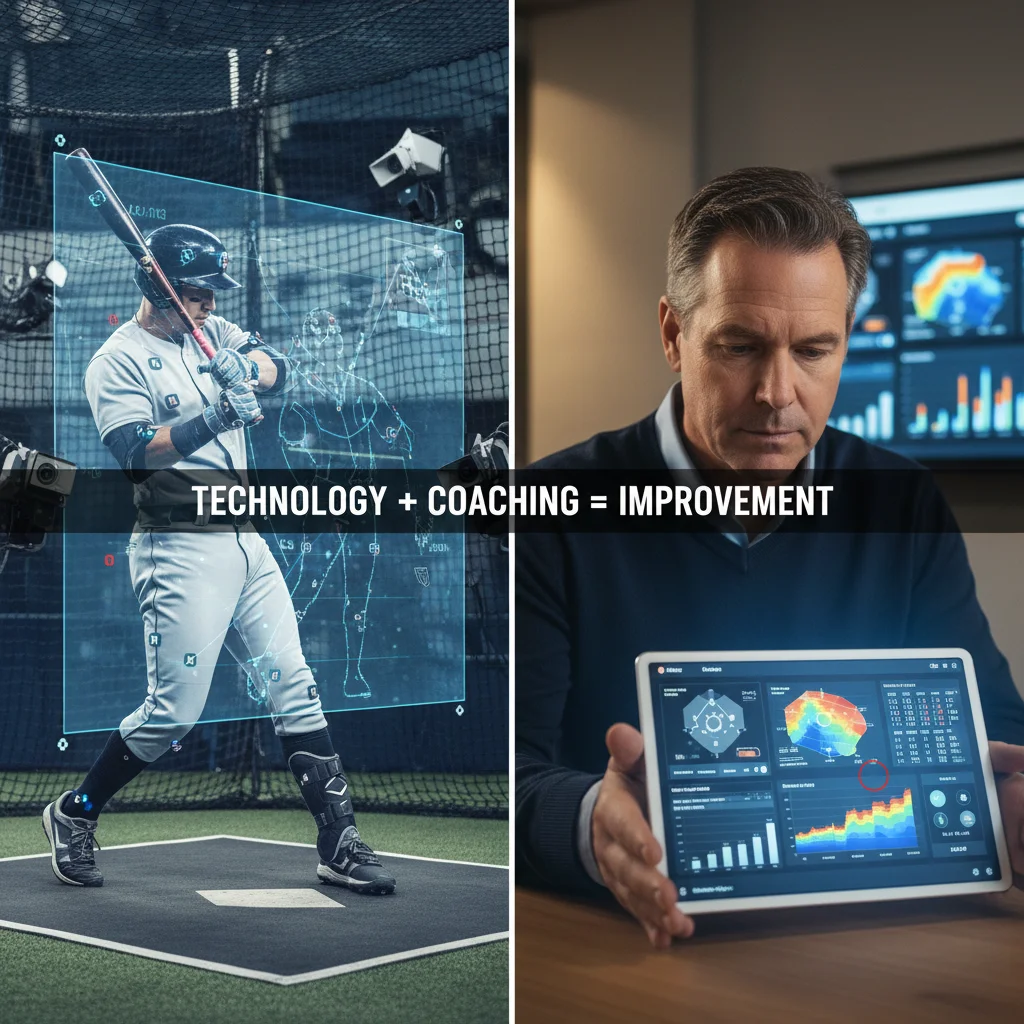 Baseball player in batting cage with sensors and coach analyzing data.