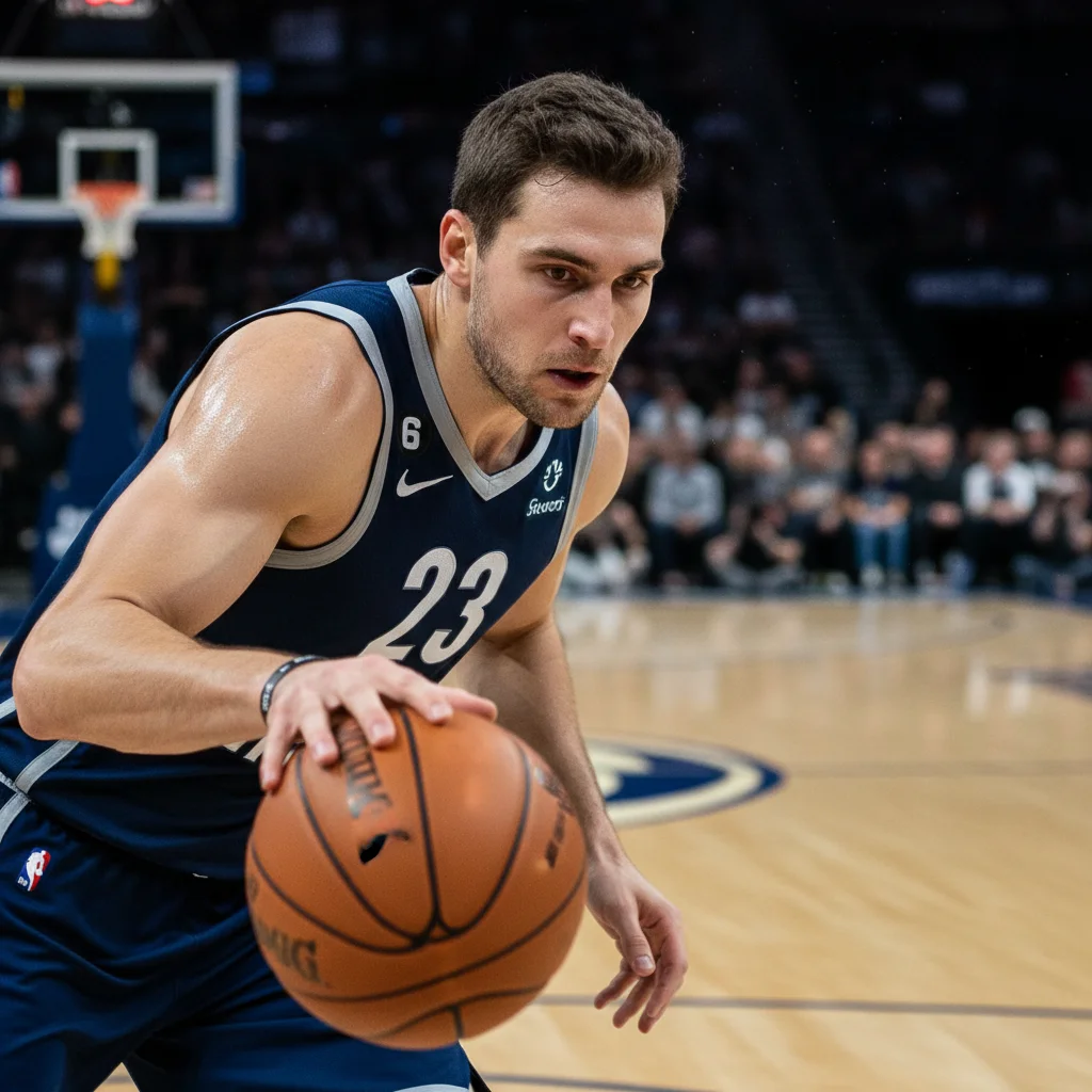 Basketball player intensely dribbling the ball, demonstrating skill and focus.