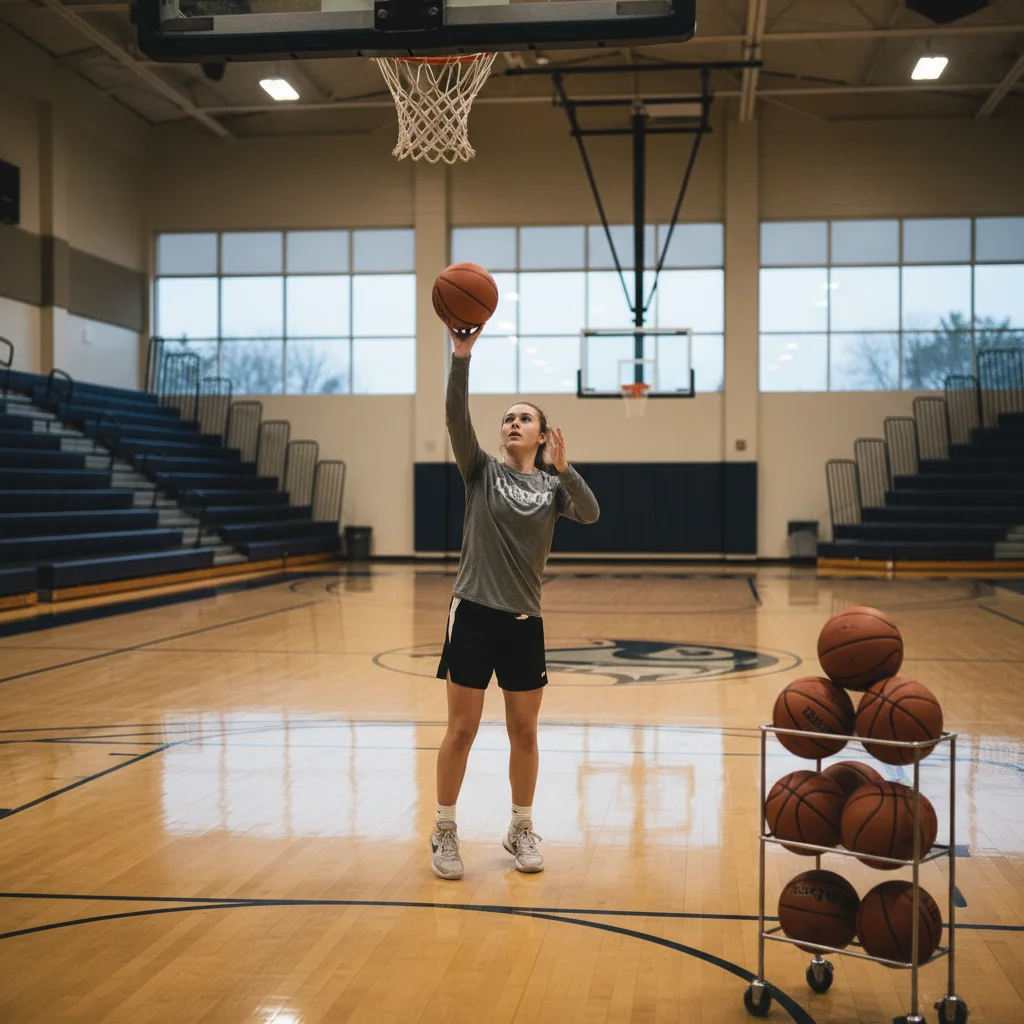 Collegiate player practicing free throws alone