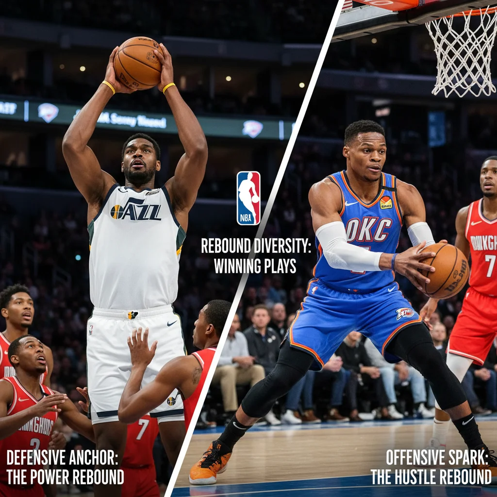 Diverse NBA players demonstrating different rebounding techniques and roles.