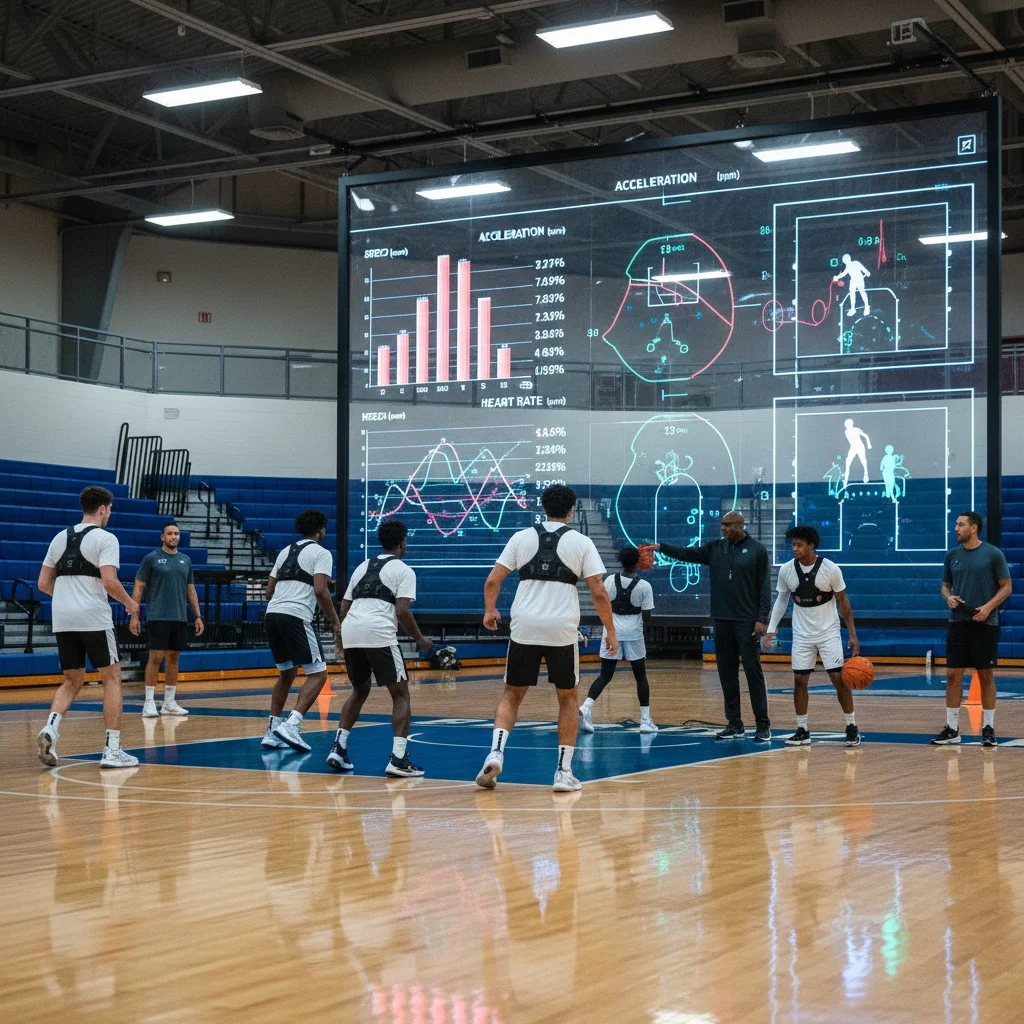 Basketball team practicing with wearable tech, coach monitoring real-time performance data.