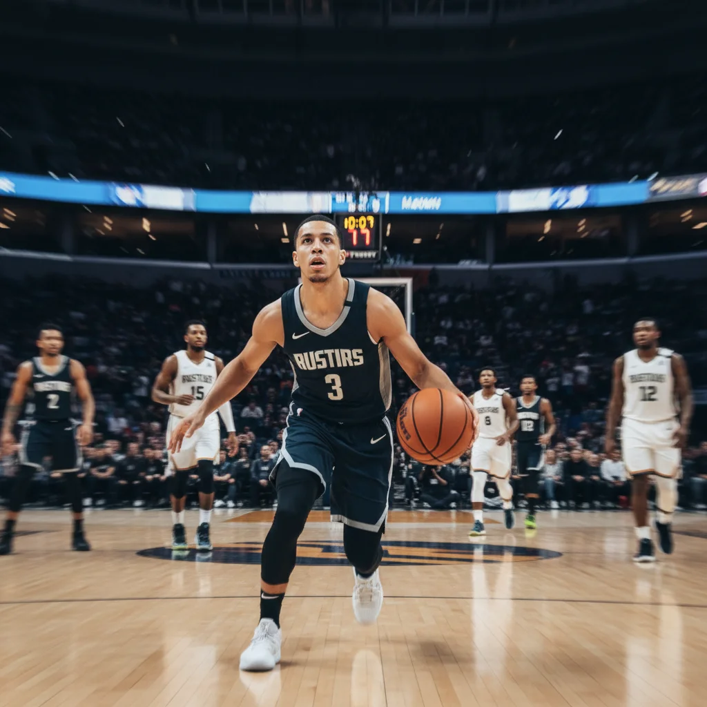 Point guard dribbling with intense focus, showcasing playmaking skills.