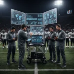Next-Gen Football Coaching: 3 Innovative Pro Strategies Professional football coaches analyzing game data on high-tech screens during a match.