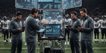 Professional football coaches analyzing game data on high-tech screens during a match.