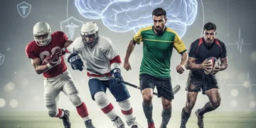 Professional athletes in various sports with medical graphics highlighting concussion awareness.
