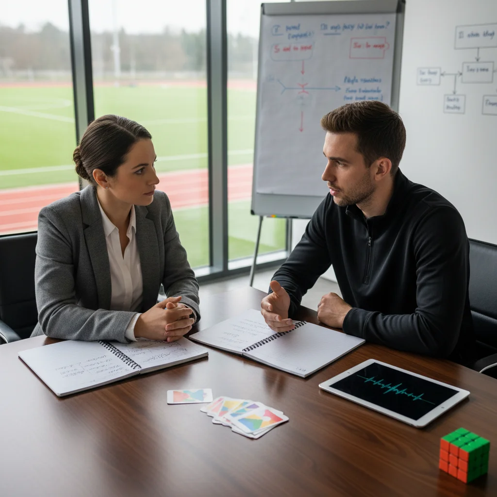 Sports psychologist consulting with an athlete on mental strategies