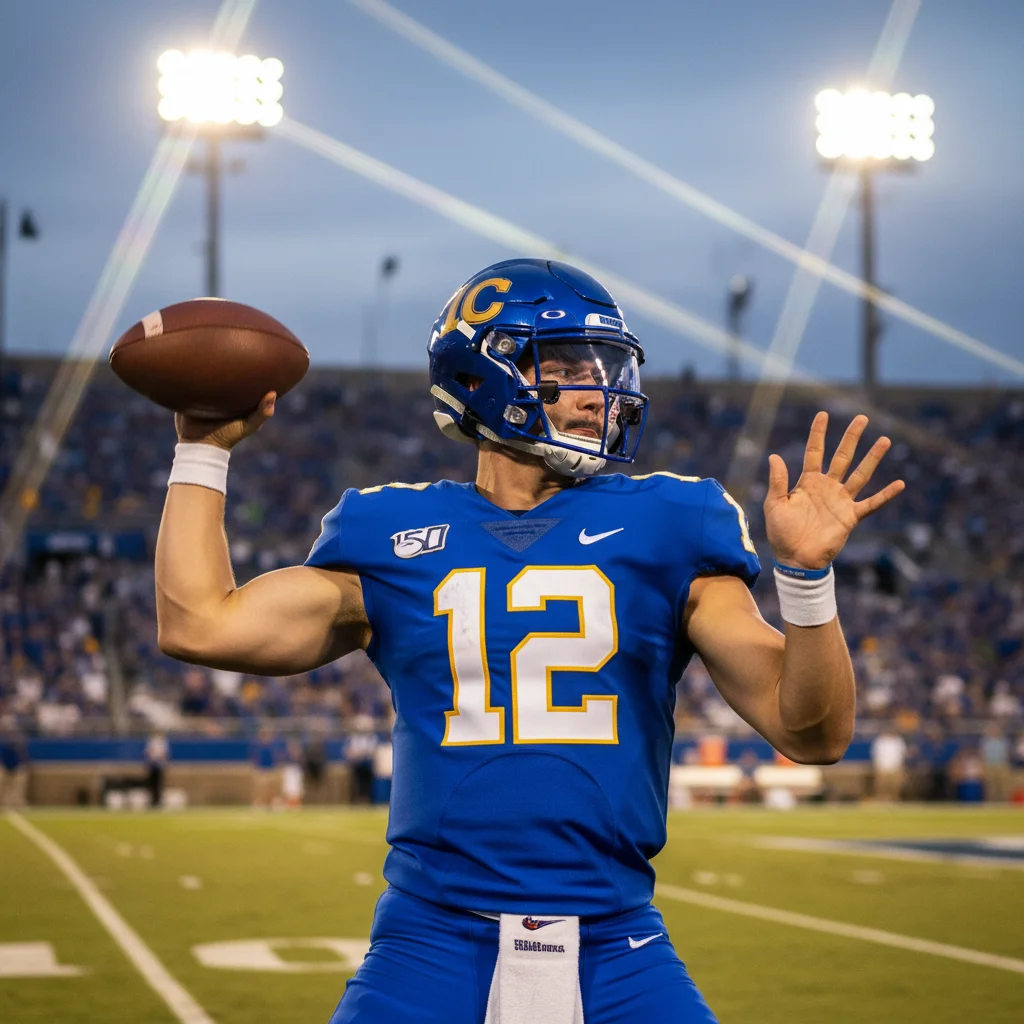 College quarterback in mid-throwing motion, demonstrating focus and skill for NFL scouts.