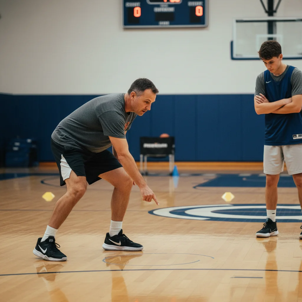 Basketball coach demonstrating footwork for a re-screen technique to a player.
