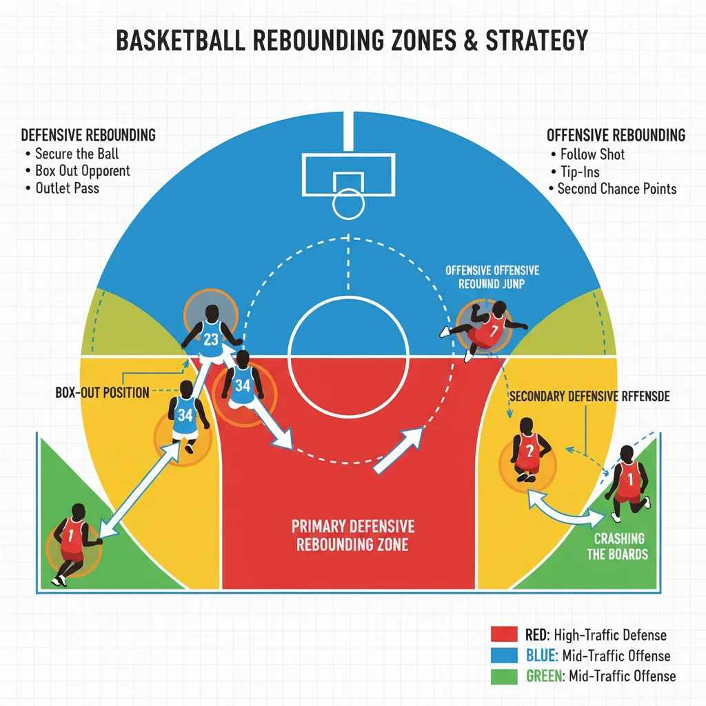 Basketball court diagram showing strategic rebounding positions and common player movement patterns.