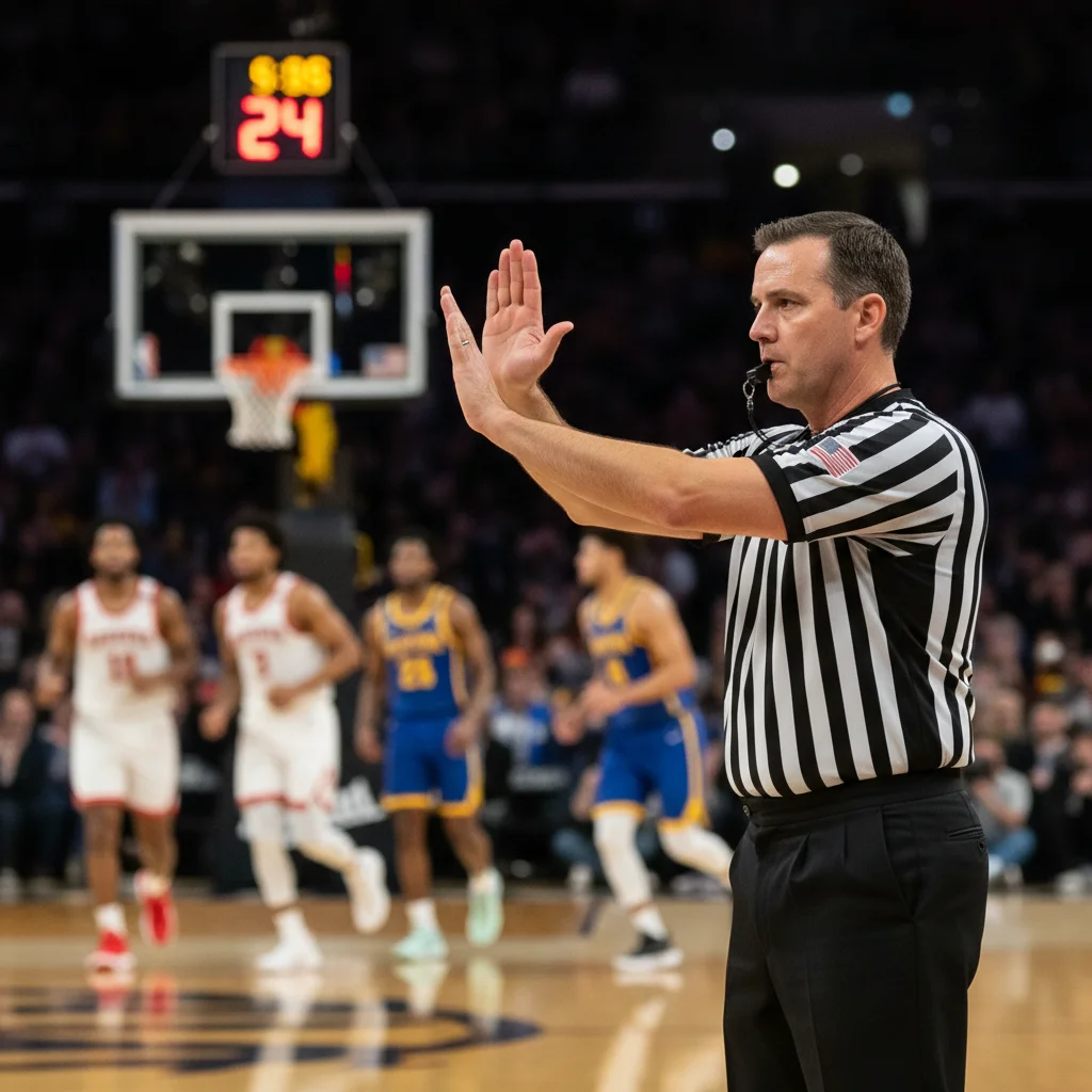Basketball referee signaling a foul call during a game.