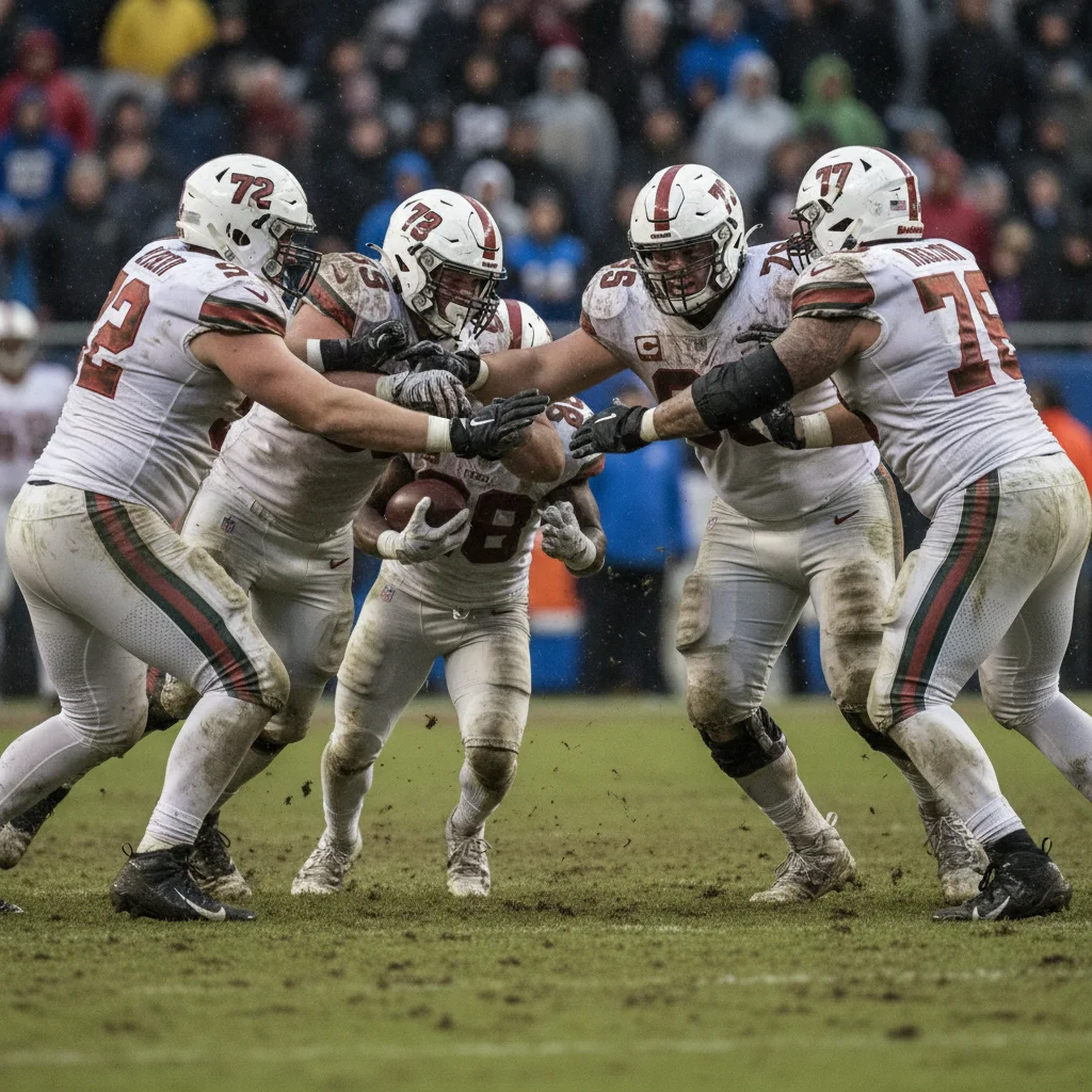 Offensive linemen executing a powerful run block during a football game