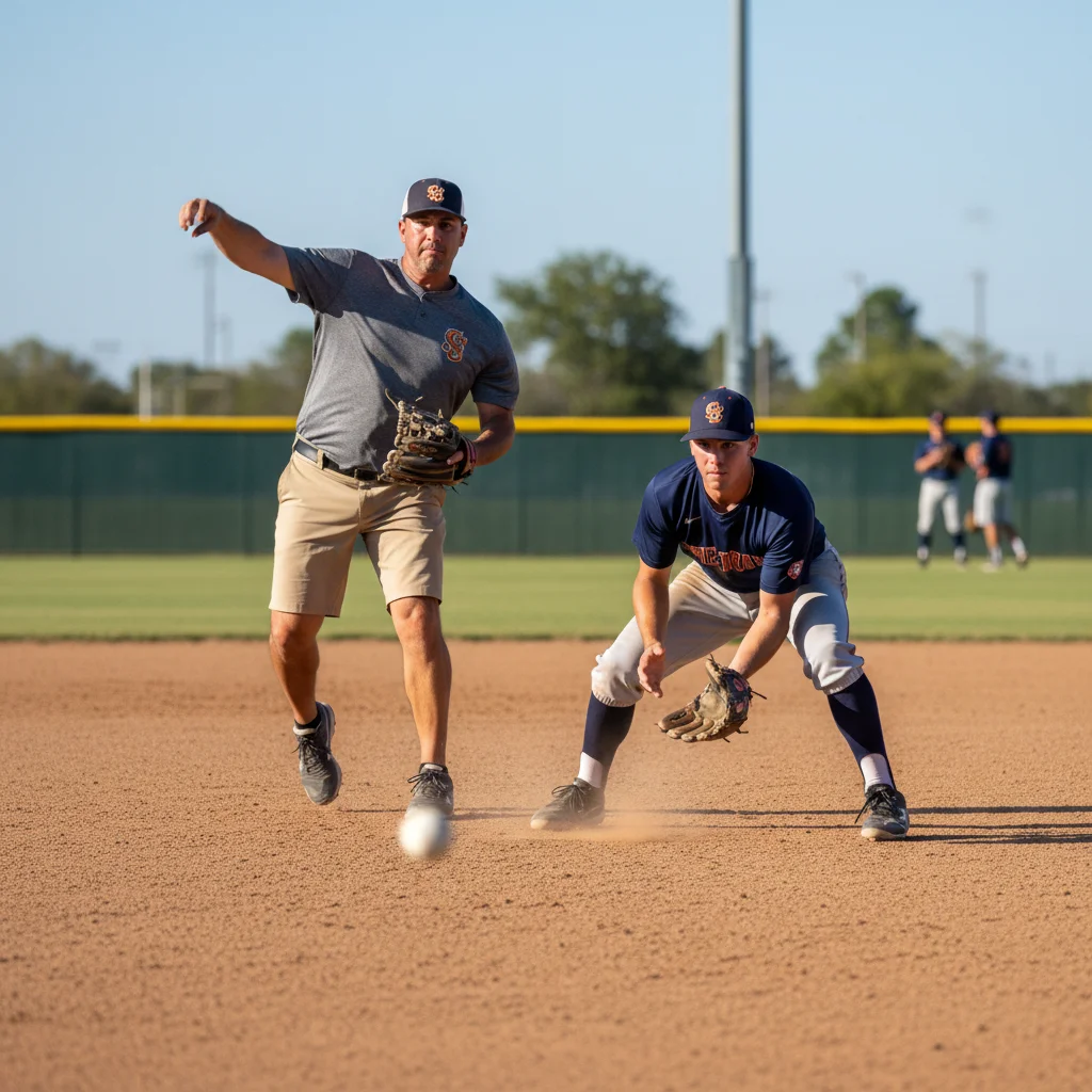Coach throwing short-hop ground ball to infielder in practice
