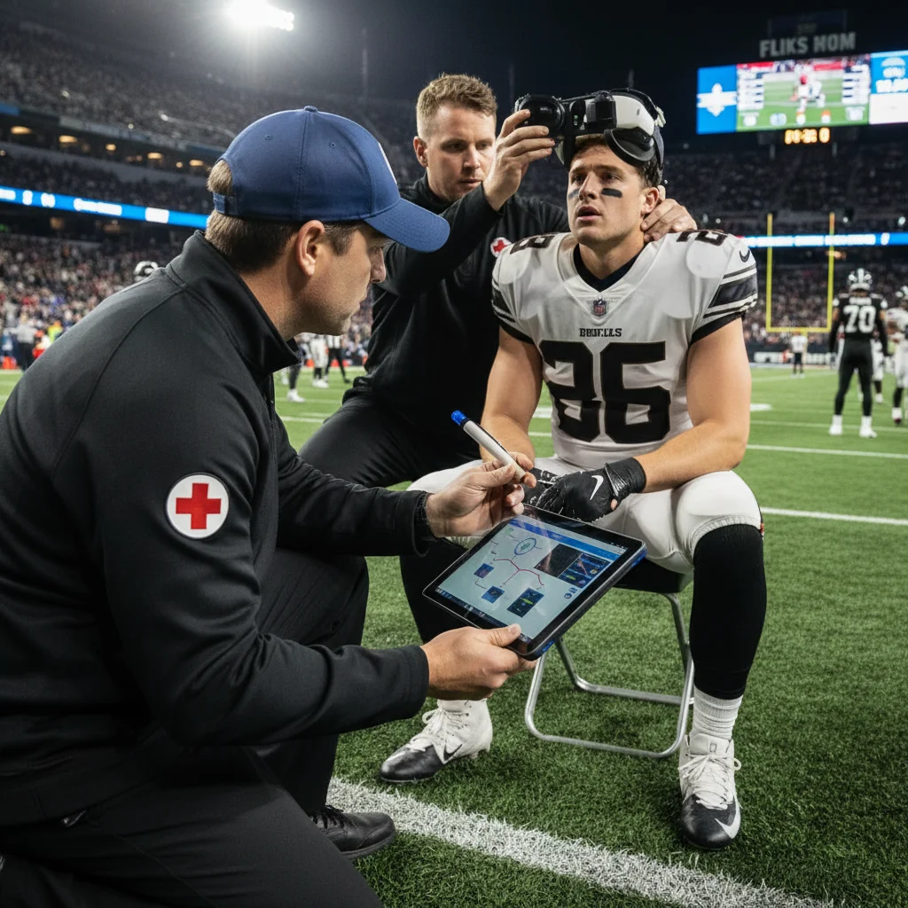 Sports medical staff performing a sideline concussion assessment on an athlete.