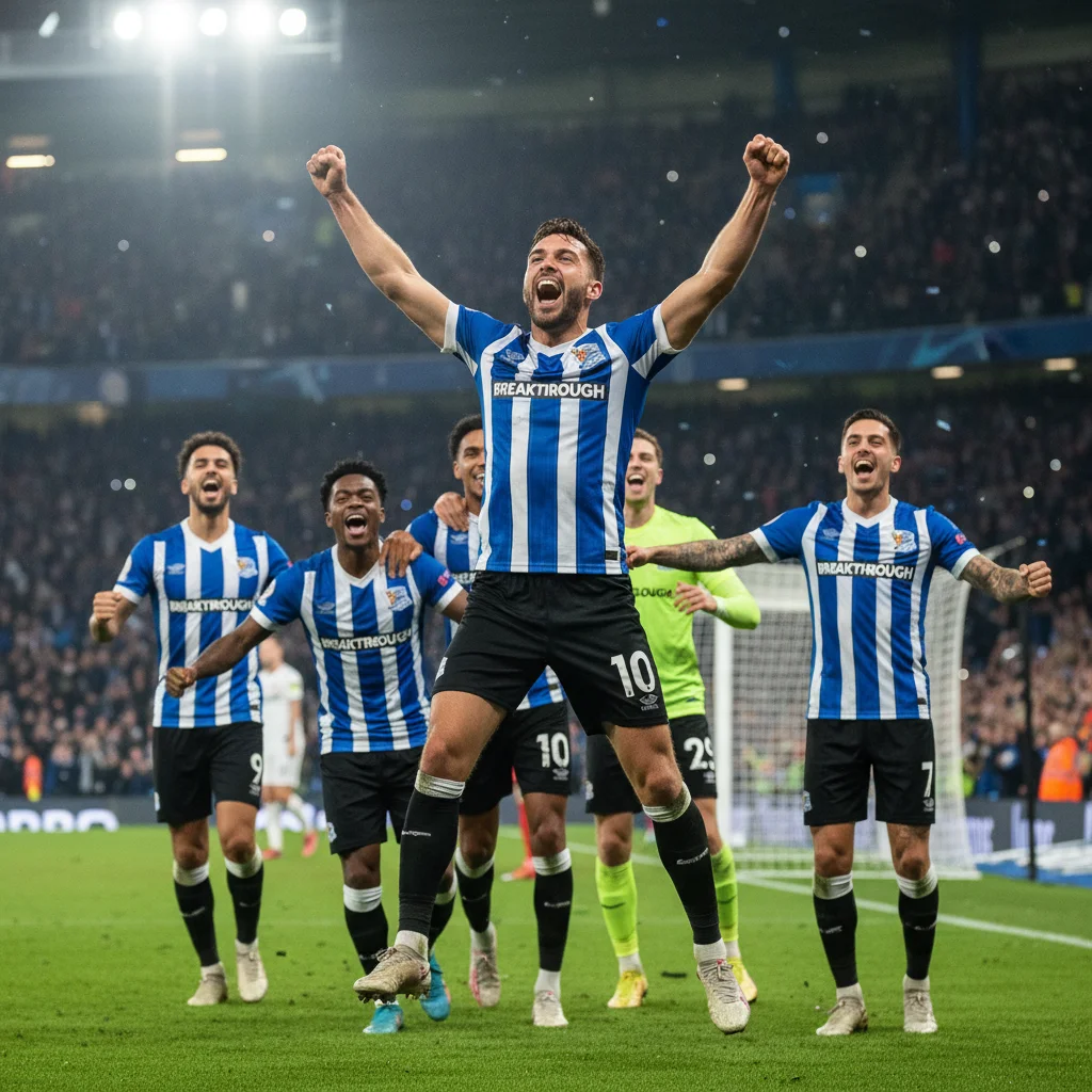 Soccer player celebrating a goal with teammates, embodying triumph and breakout success.
