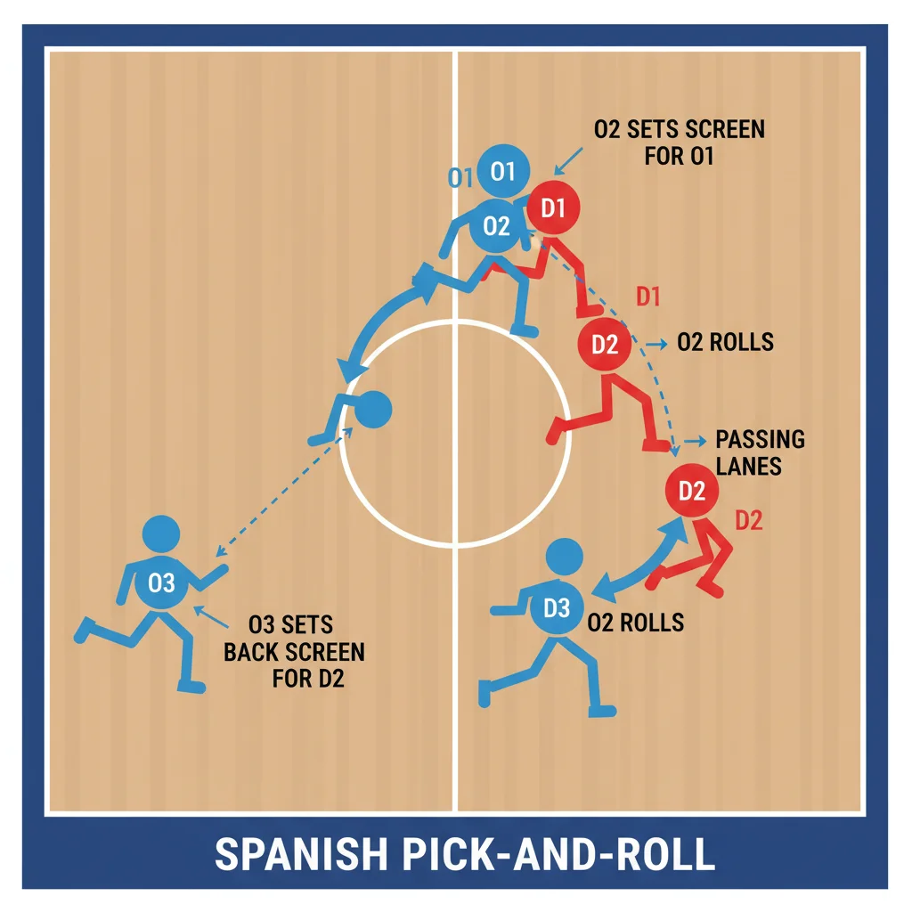 Diagram showing the player movements and screen actions in a Spanish pick-and-roll.