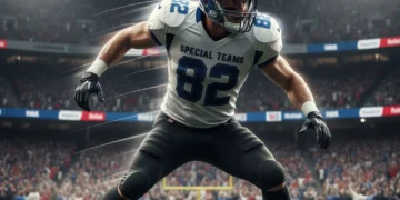 Football player focused on special teams play, ready for action