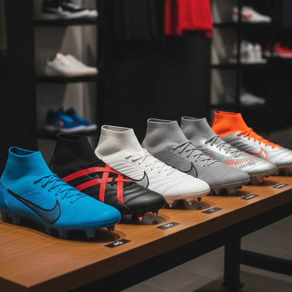 Assortment of specialized football cleats for different playing conditions