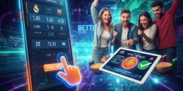 Dynamic sports betting scene with mobile app, live odds, and social interaction.