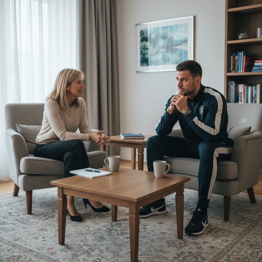 Sports psychologist consulting with a professional football player.