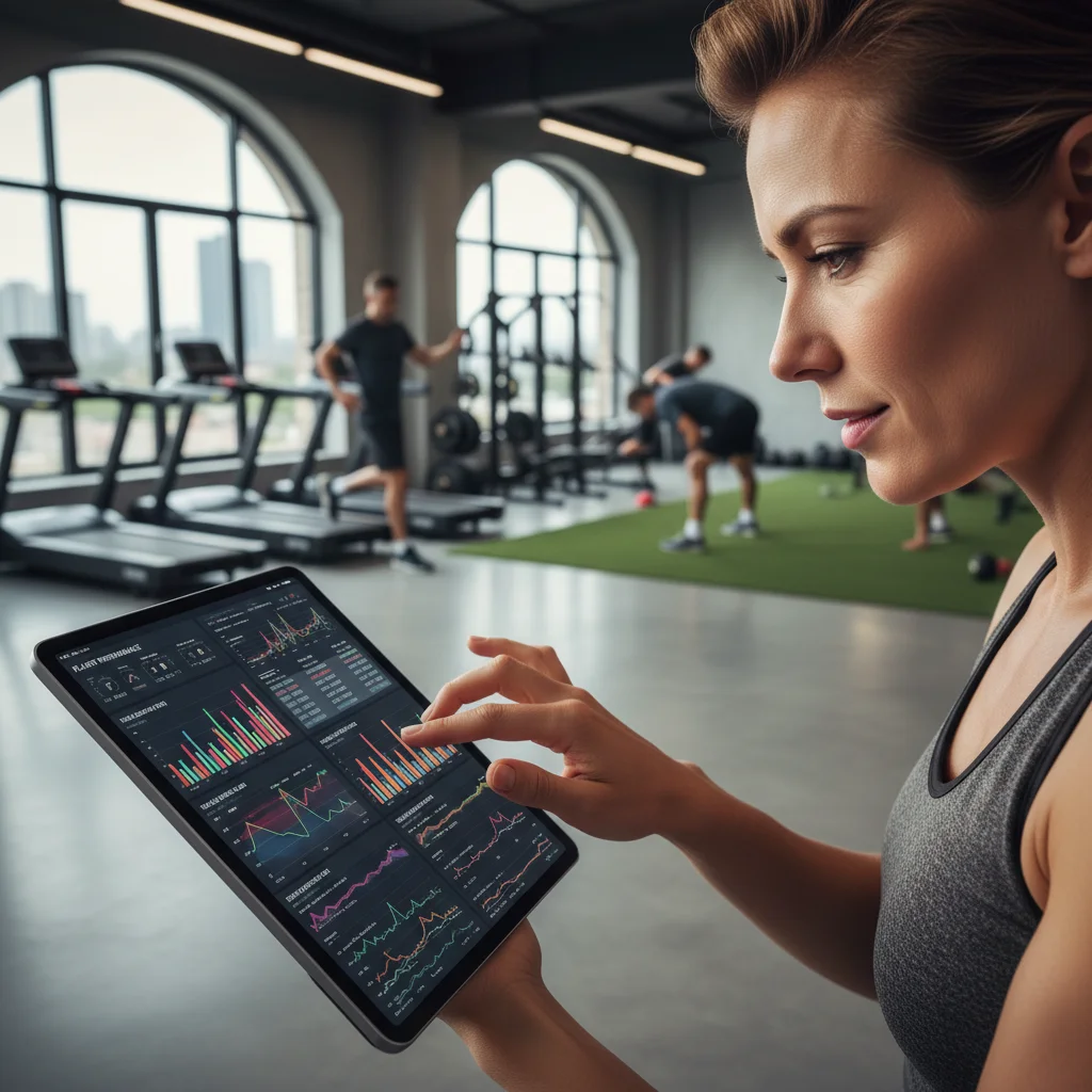 Sports scientist analyzing player data on a tablet