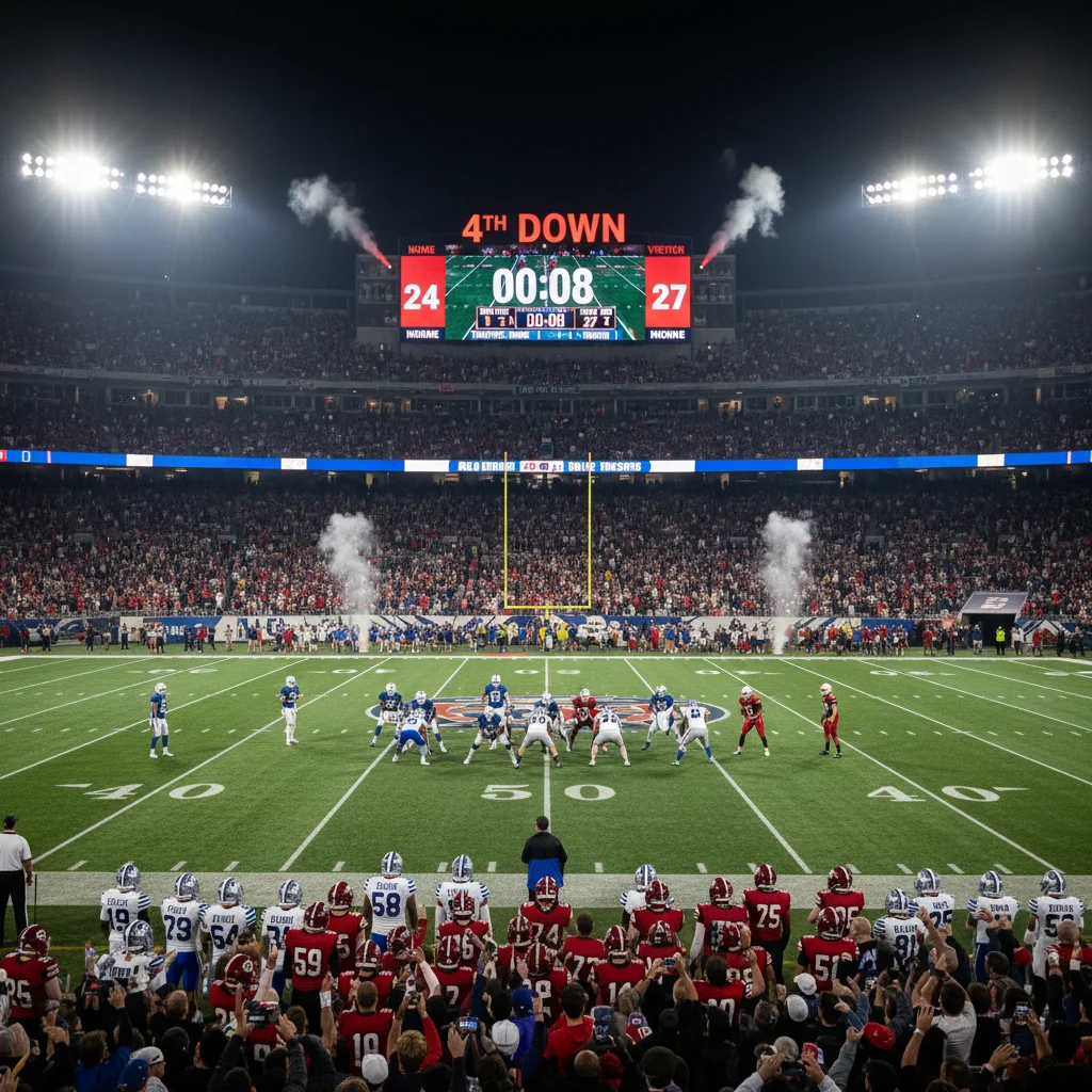 Football stadium with scoreboard showing 4th down, highlighting game intensity.