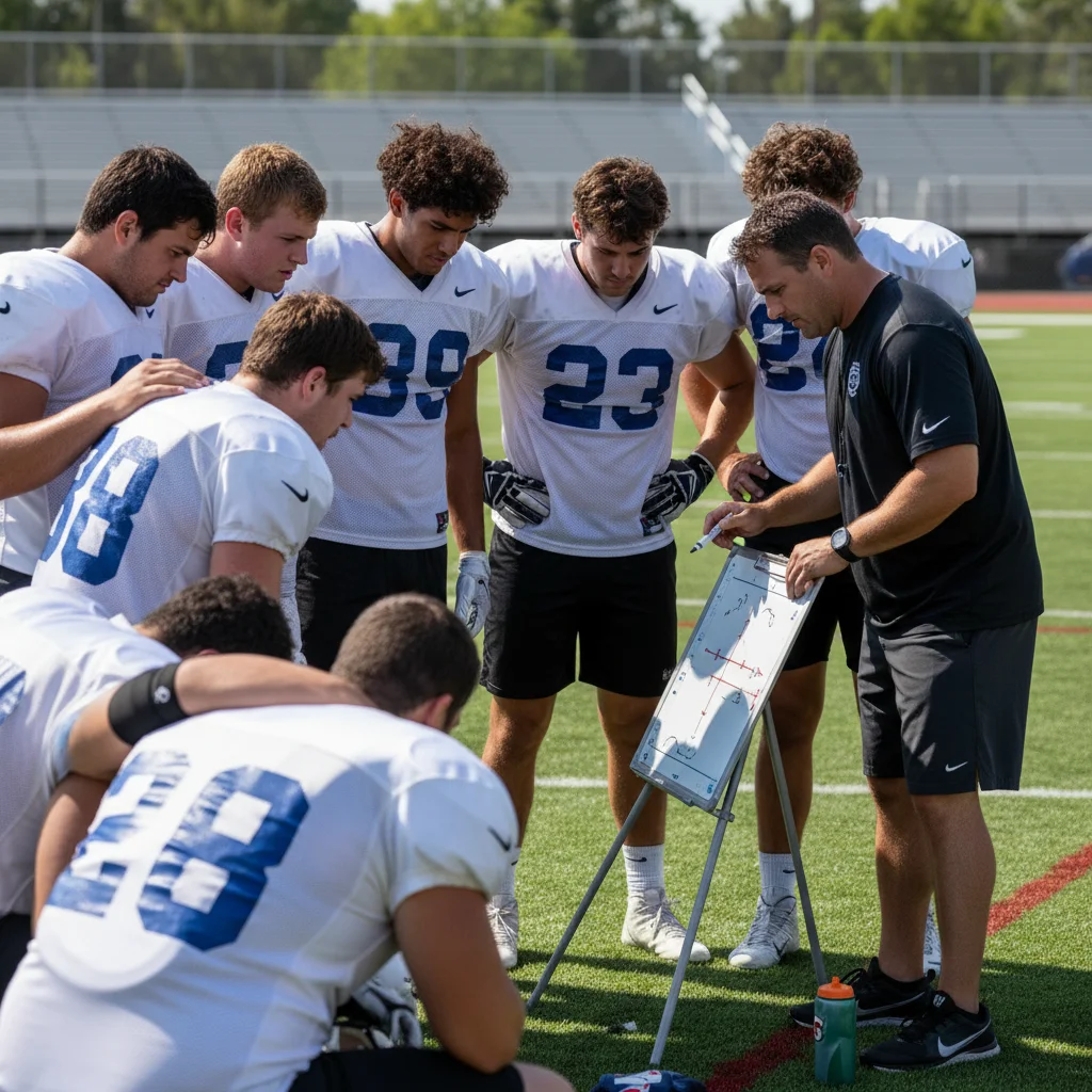 Sports team in a huddle, discussing new offensive plays with their coach.