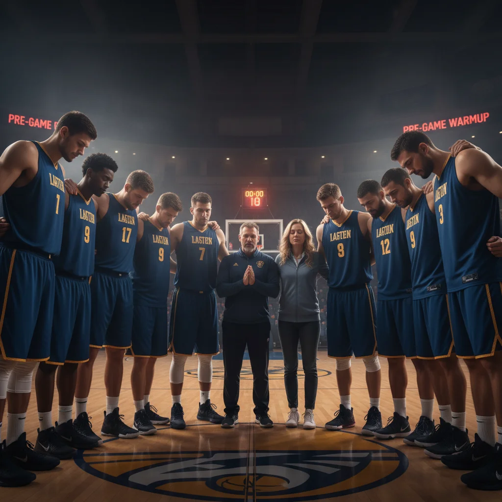 Sports psychologist leading team mental preparation before a game