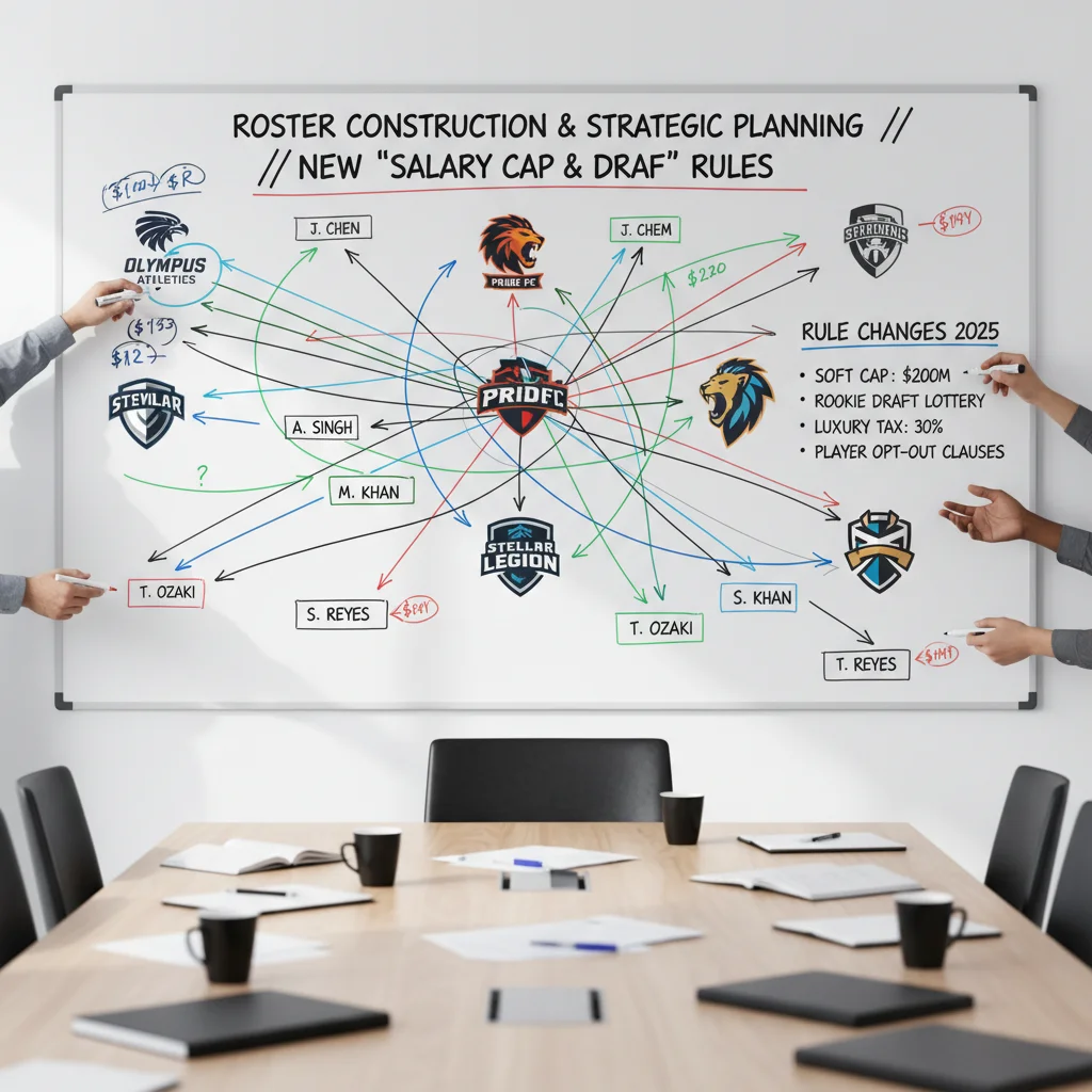 Team executives strategizing roster construction on a whiteboard under new CBA rules.