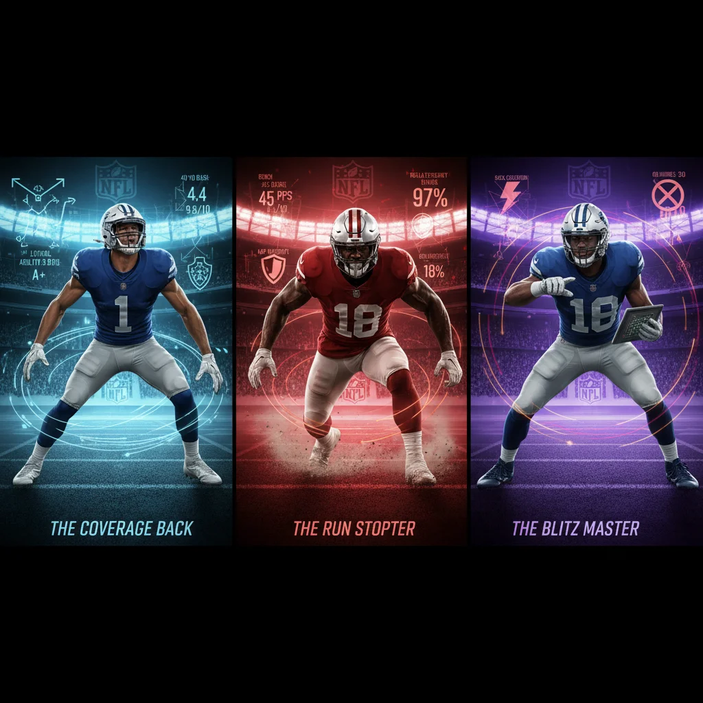 Three distinct NFL linebackers with individual strength indicators