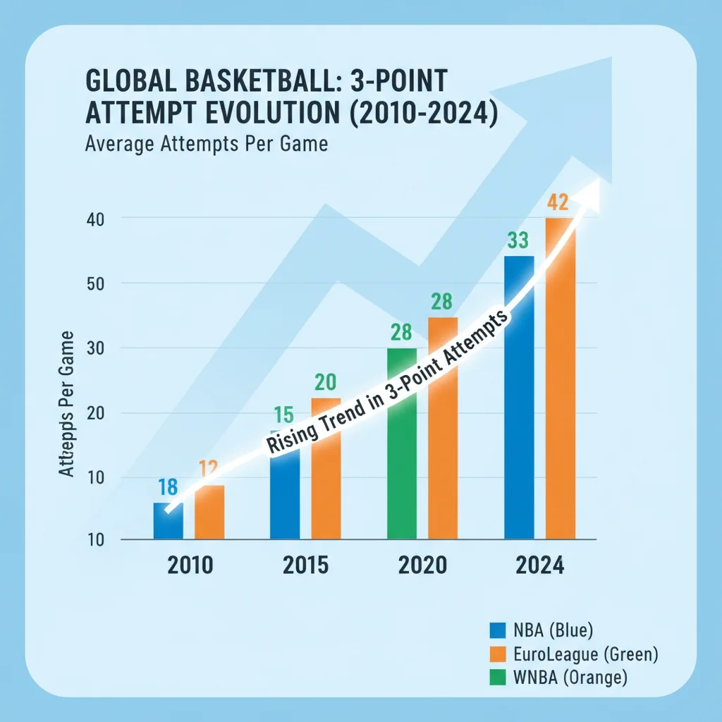 Infographic displaying rising three-point attempts in basketball leagues