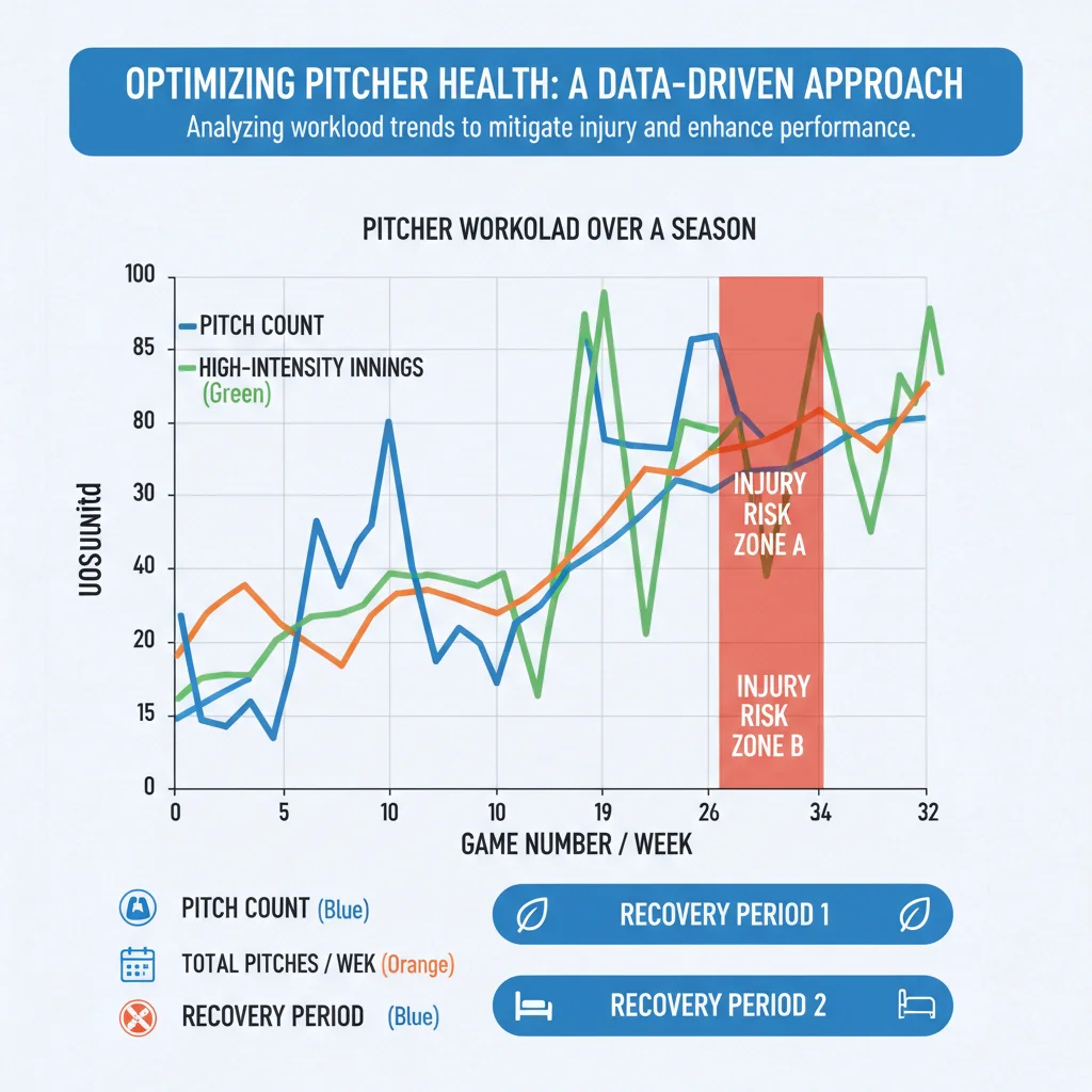 Infographic illustrating pitcher workload fluctuations and injury risk zones over a baseball season.