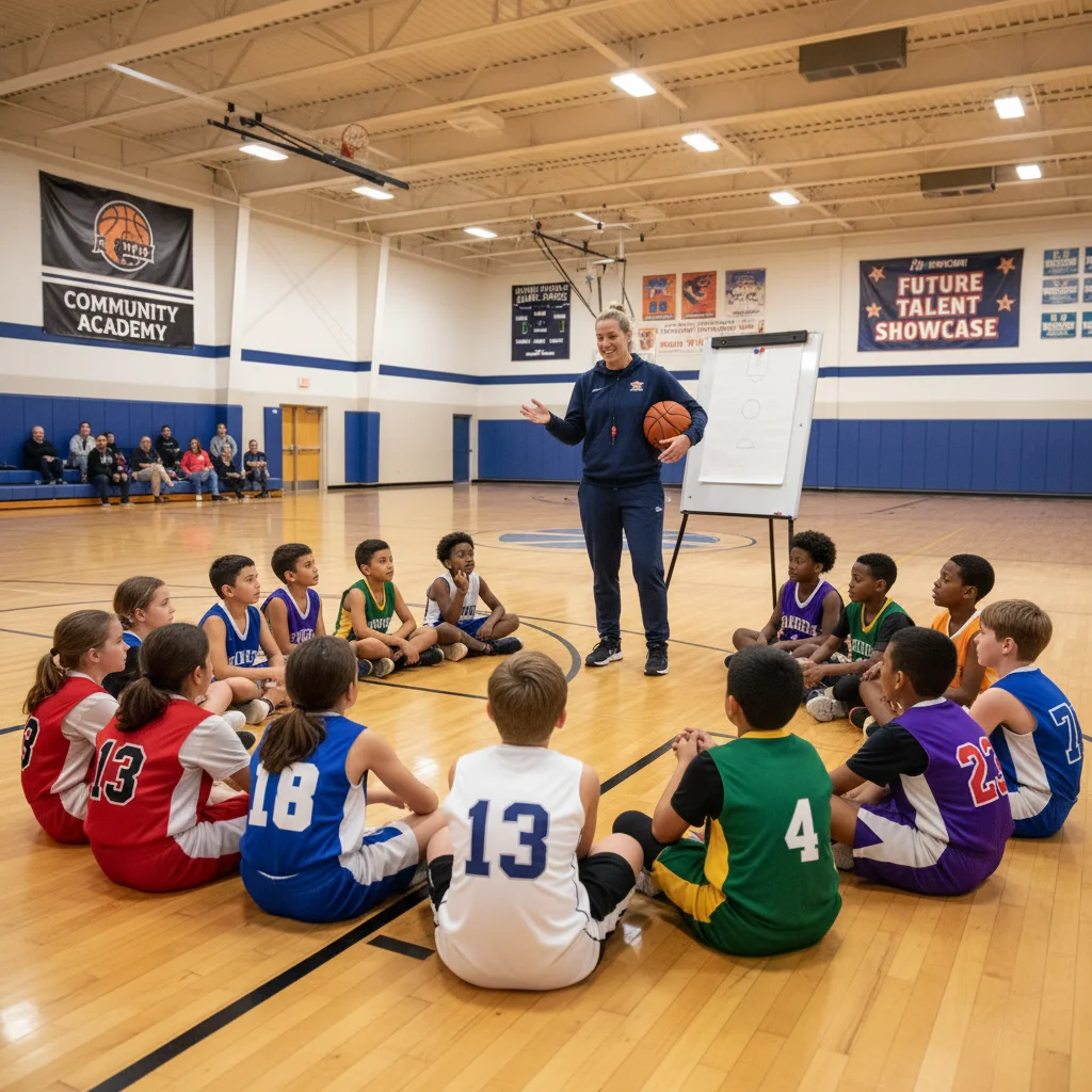 Youth basketball players learning from coach at clinic